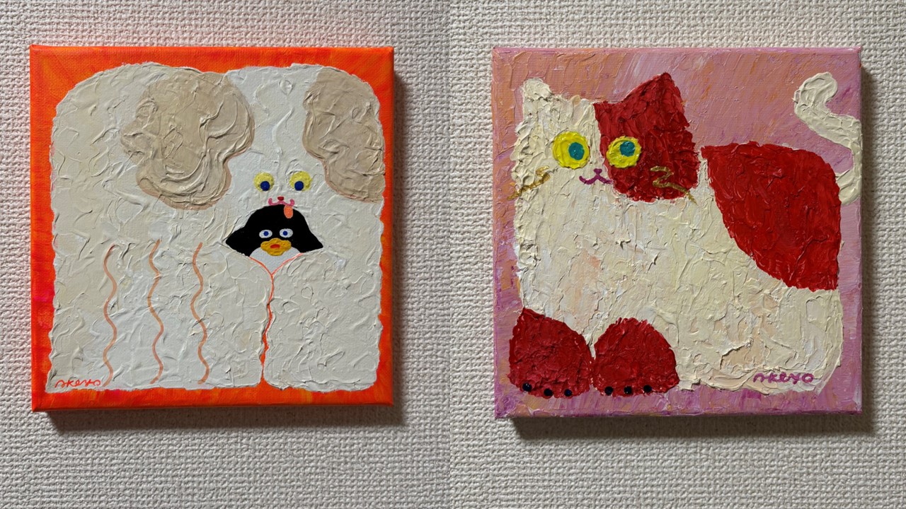 丸いキャンパスにアクリル絵の具の色々なテクスチャーで動物の顔を描こう